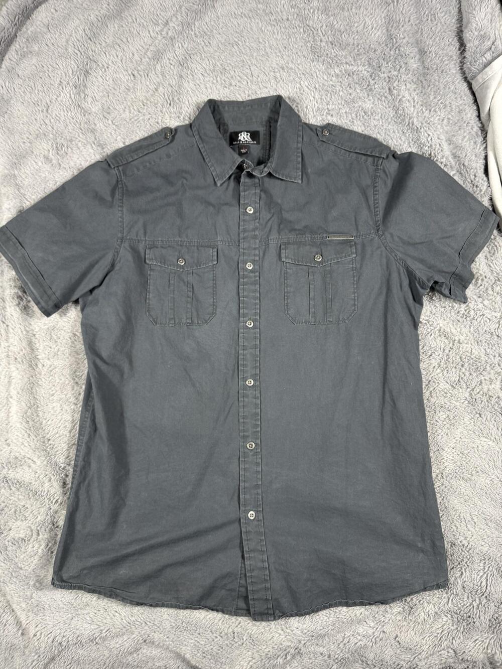 Rock & Republic Shirt Mens Large Gray Short Sleeve Button Up Utility Pockets
